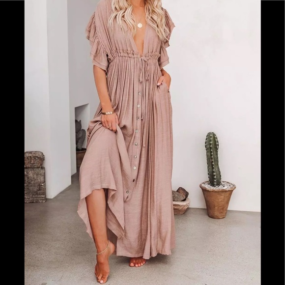 Muted Mauve Boho Gauze Boho Button Flutter Sheer Maxi Dress W/Adjustable Tie - Picture 2 of 7
